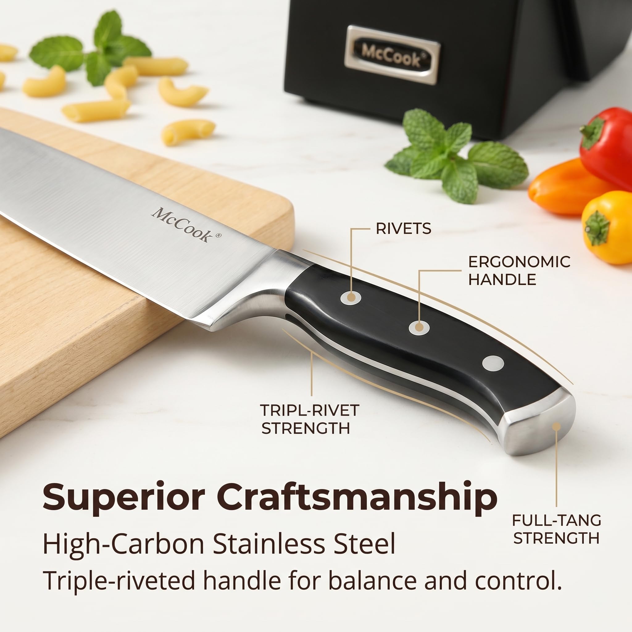 McCook serrated steak knives lined up for precise table cutting