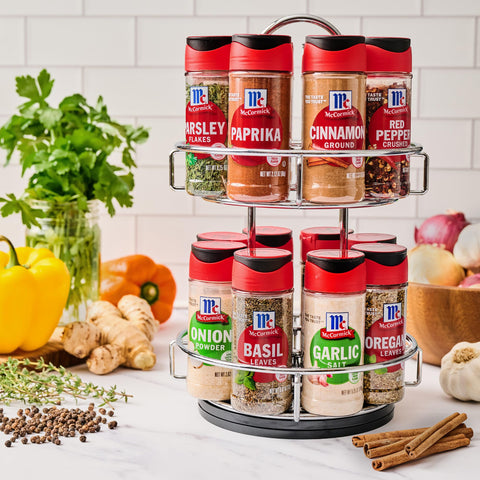 McCormick rack on kitchen counter adding tidy organization and visual appeal