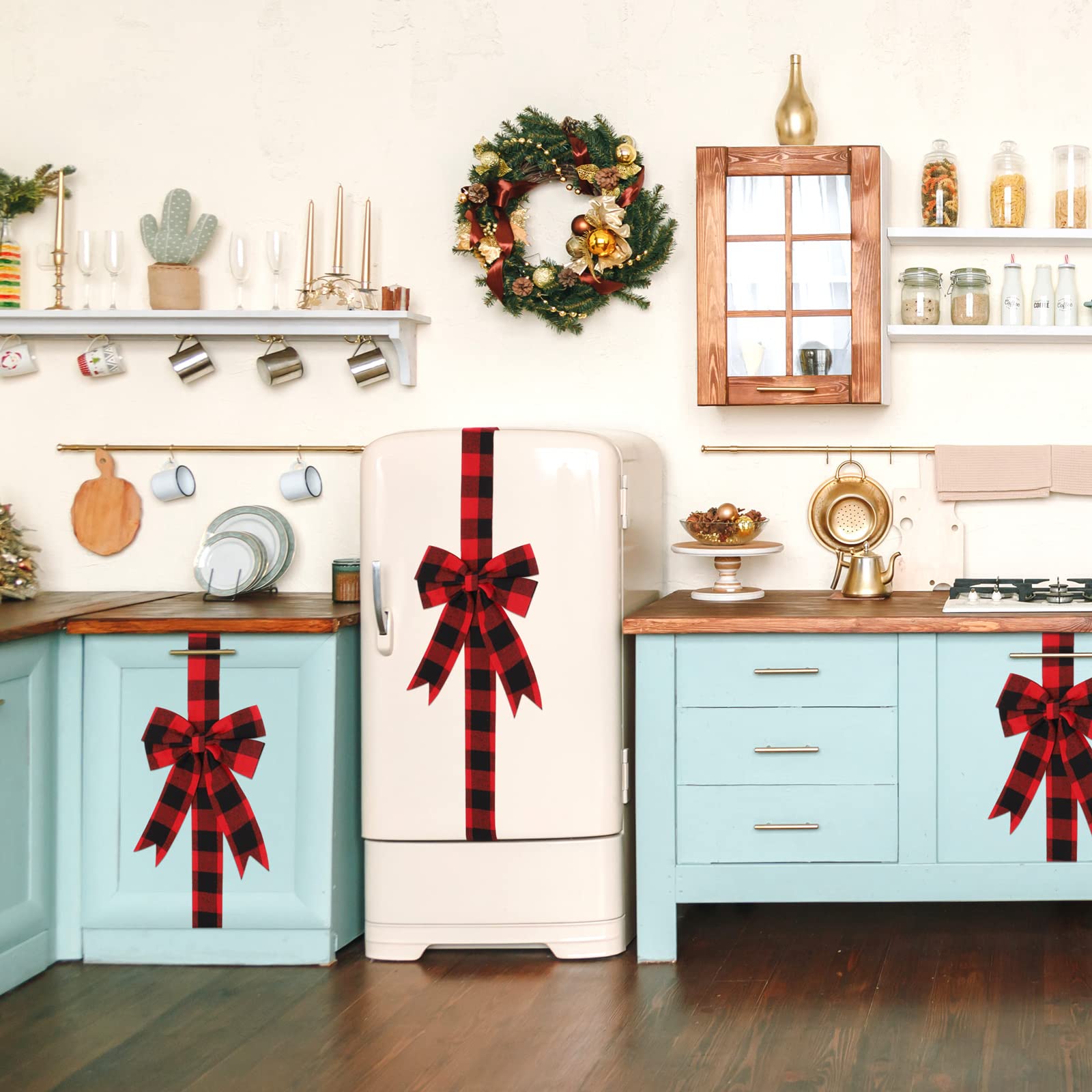 MCEAST entryway scene with bows on furniture creating cozy holiday feel