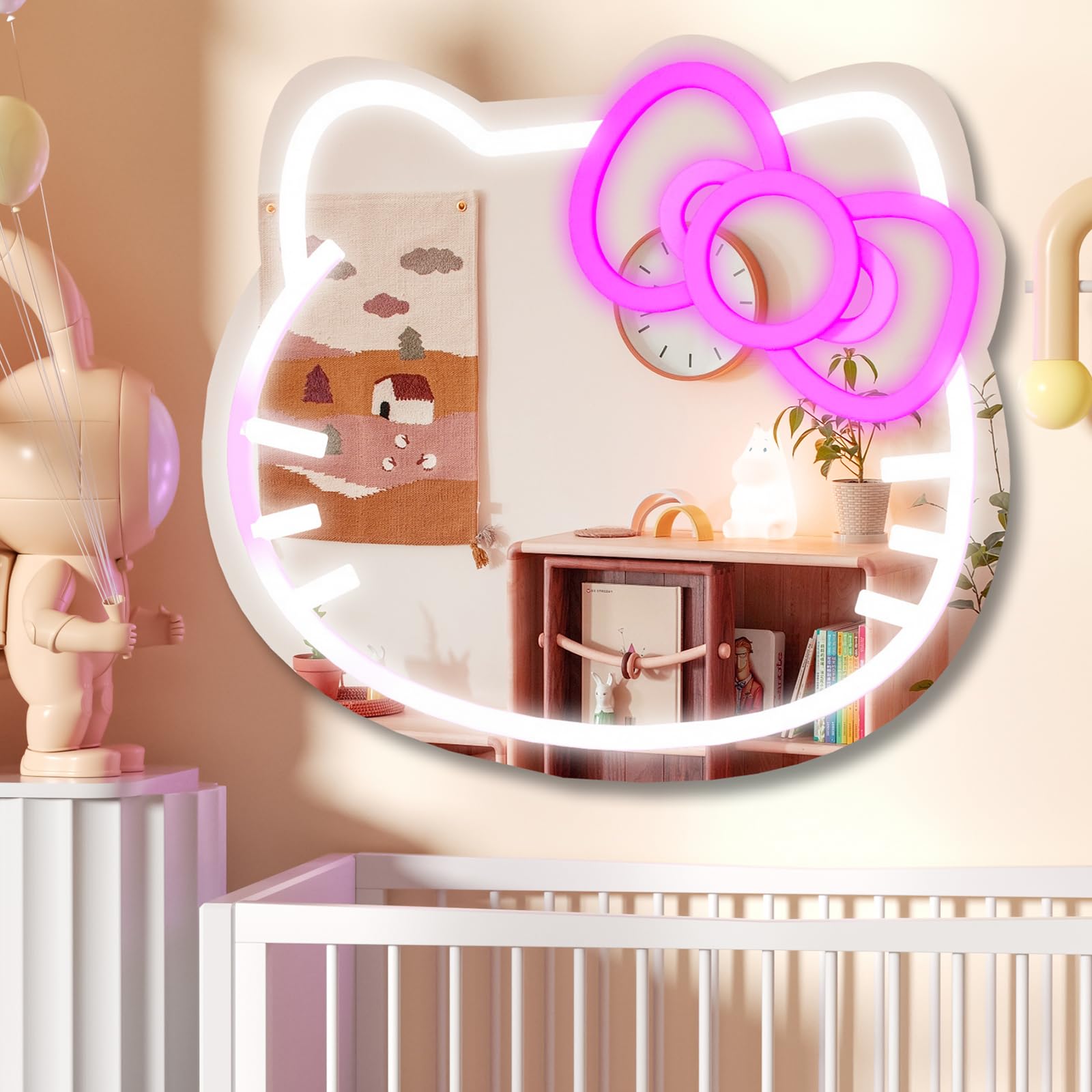 MCJSGSP front view of neon cat mirror adding playful pink ambiance