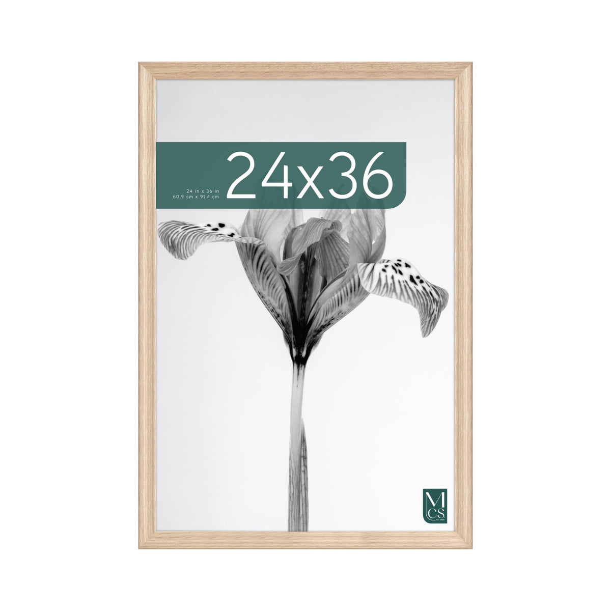MCS 24x36 front view showing natural woodgrain frame and clean display benefit
