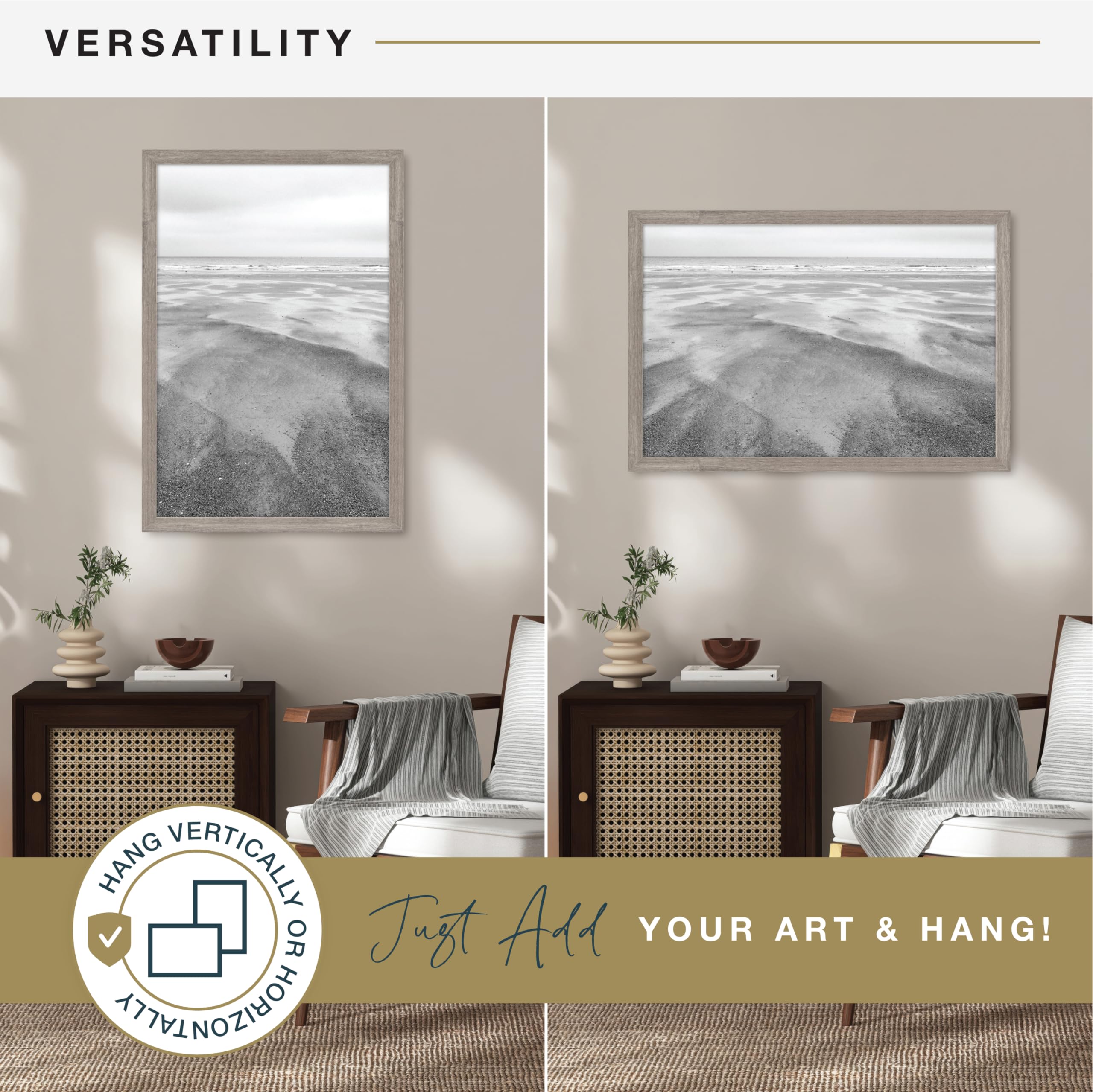 MCS barnwood frame beside chair shows scale for wall planning