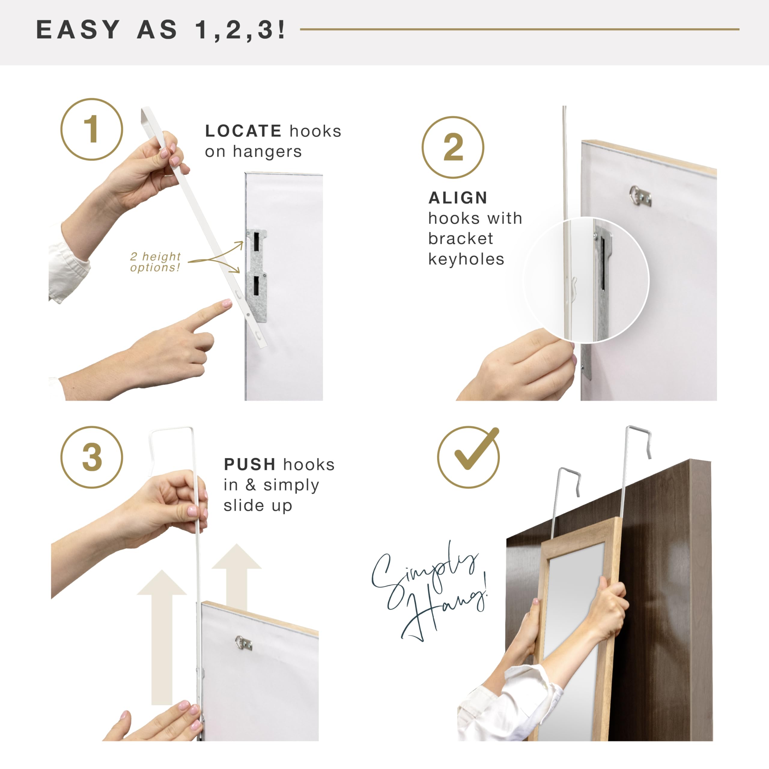MCS mirror packaged with adjustable hooks and hardware for tool-free setup