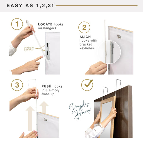 MCS mirror packaged with adjustable hooks and hardware for tool-free setup
