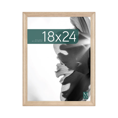 MCS natural woodgrain front view showing clean frame and polished finish benefit display