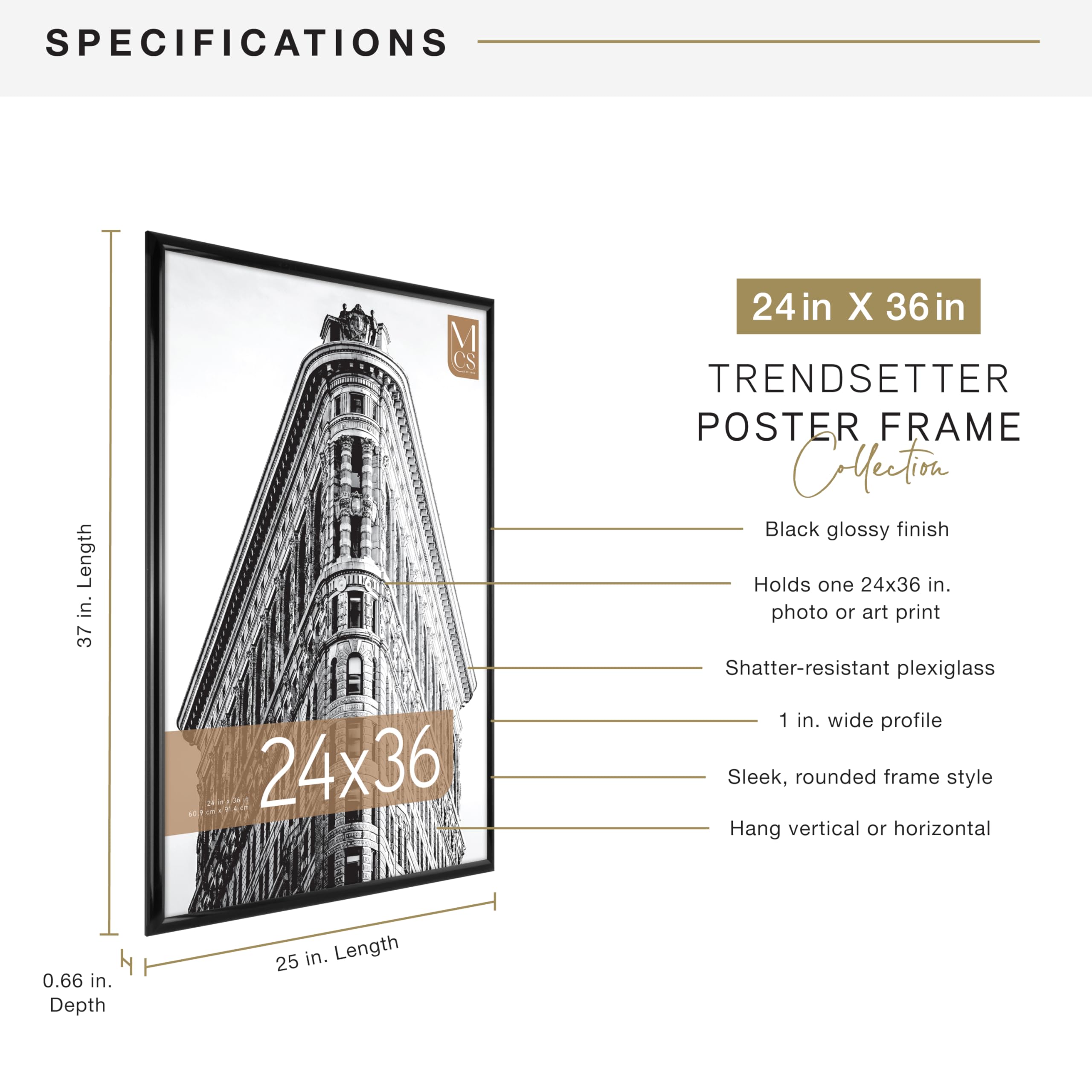 MCS Trendsetter back showing hinged hangers for easy vertical or horizontal mounting benefit
