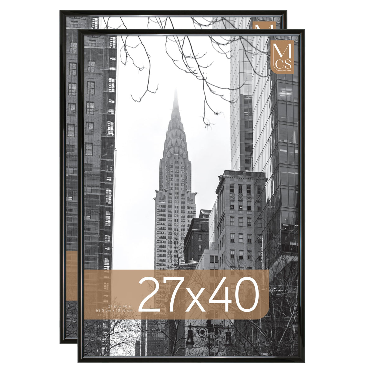 MCS front view of two high-gloss black frames showcasing polished display