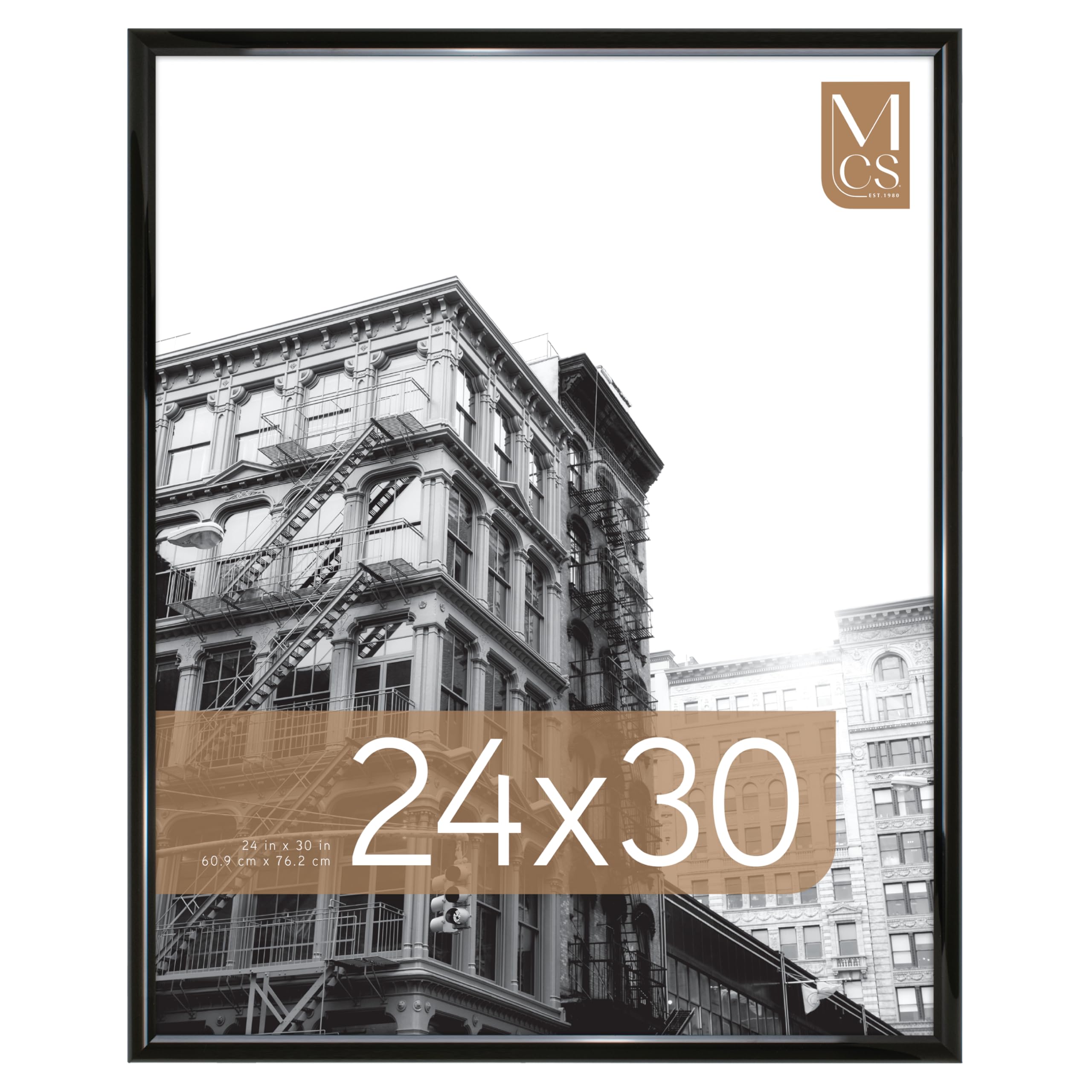 MCS Trendsetter front view showing sleek black high-gloss frame and framed poster for polished display