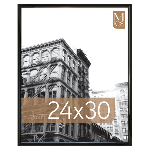 MCS Trendsetter front view showing sleek black high-gloss frame and framed poster for polished display