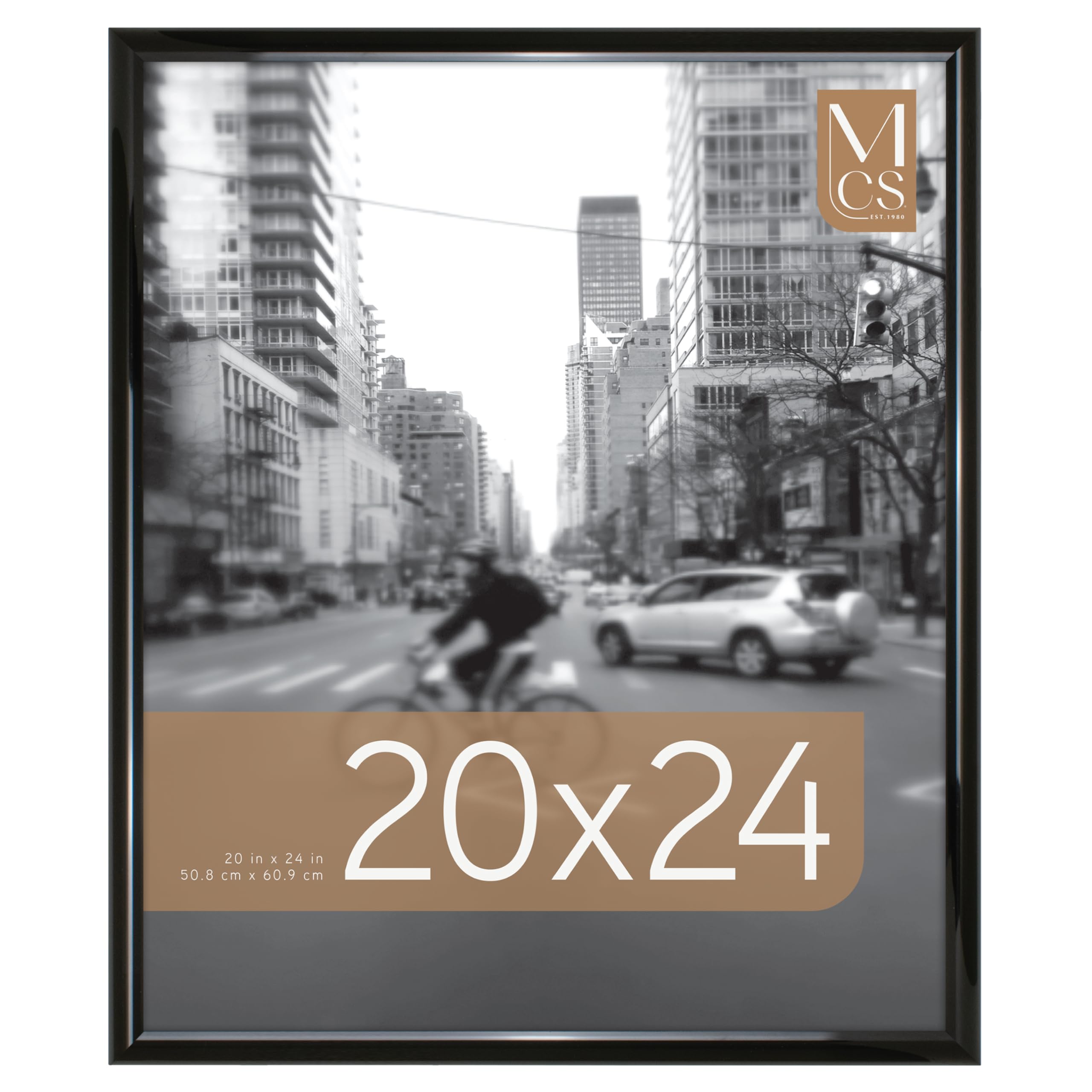 MCS Trendsetter front view showing sleek black high-gloss frame and centered poster for polished display