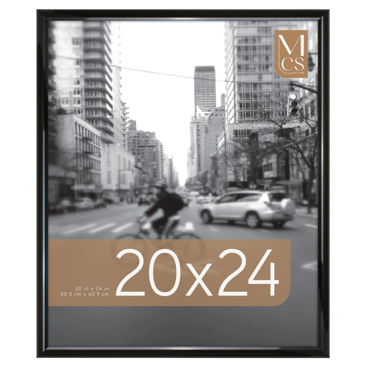 MCS Trendsetter front view showing sleek black high-gloss frame and centered poster for polished display