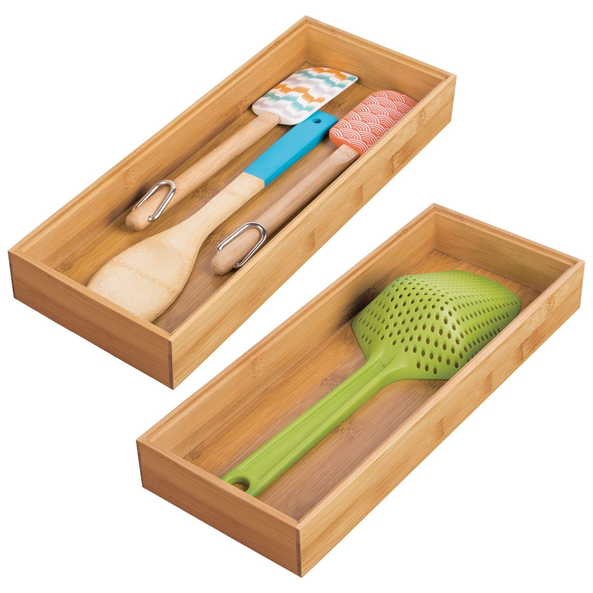 mDesign front view of bamboo organizer showing neat compartments and natural look