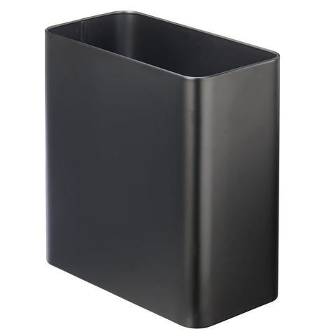 mDesign black steel trash can front view shows sleek design and space saving