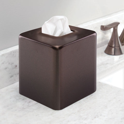 mDesign bronze tissue box cover top opening with tissue dispensed for easy access benefit