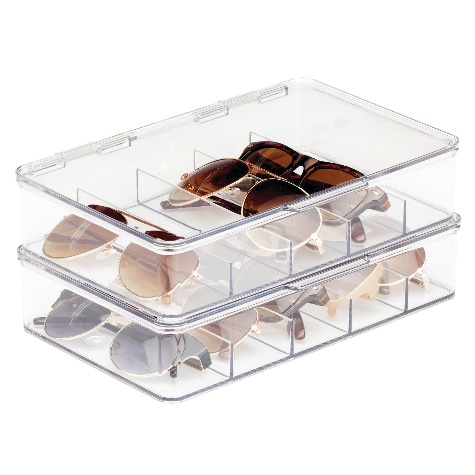 mDesign front view of clear eyeglass organizer showing neat storage benefit
