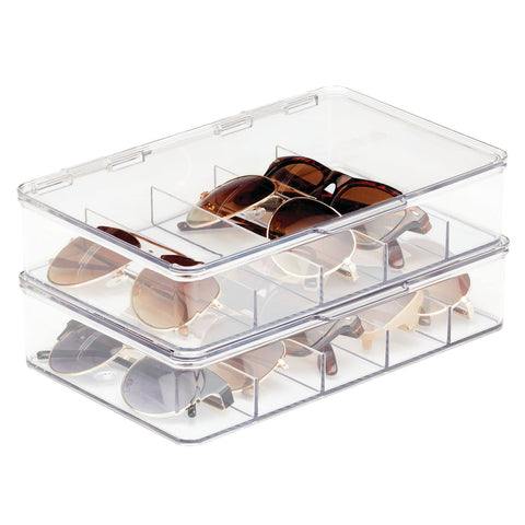 mDesign front view of clear eyeglass organizer showing neat storage benefit