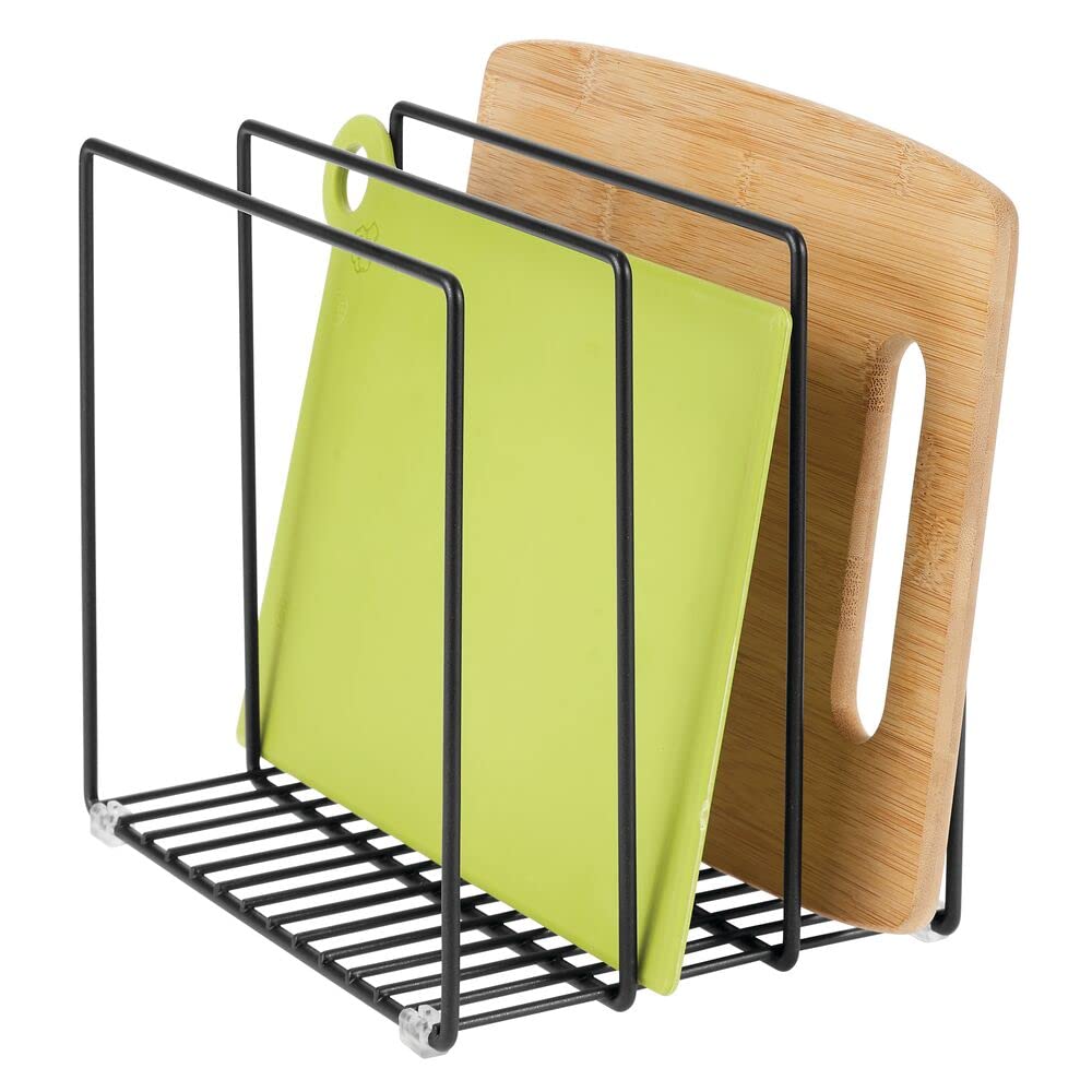 mDesign filled with pans and lids illustrating orderly vertical storage benefit
