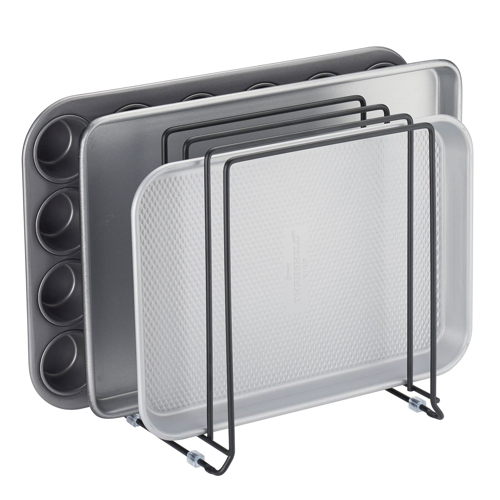mDesign front view of pan rack showing five slots and organized cookware benefit