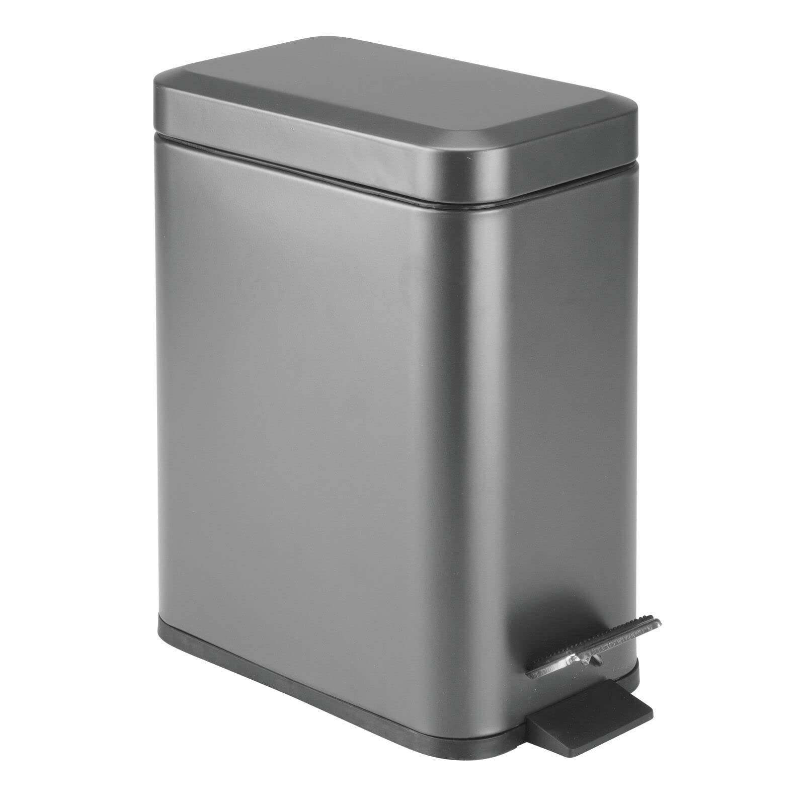 mDesign front view of graphite rectangular trash can showing sleek profile and space-saving benefit