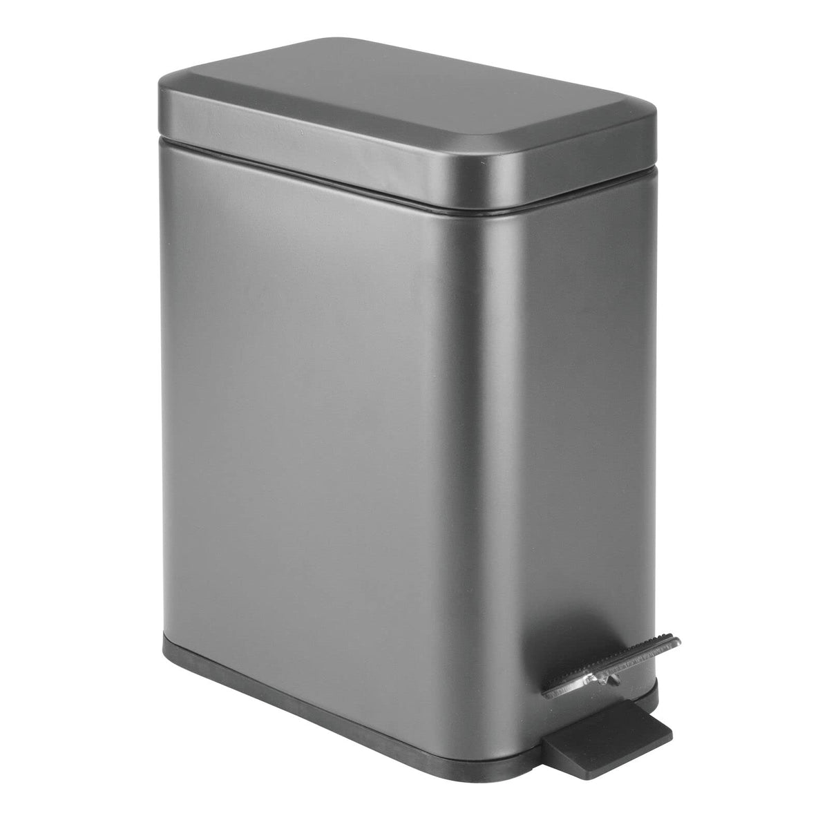 mDesign front view of graphite rectangular trash can showing sleek profile and space-saving benefit