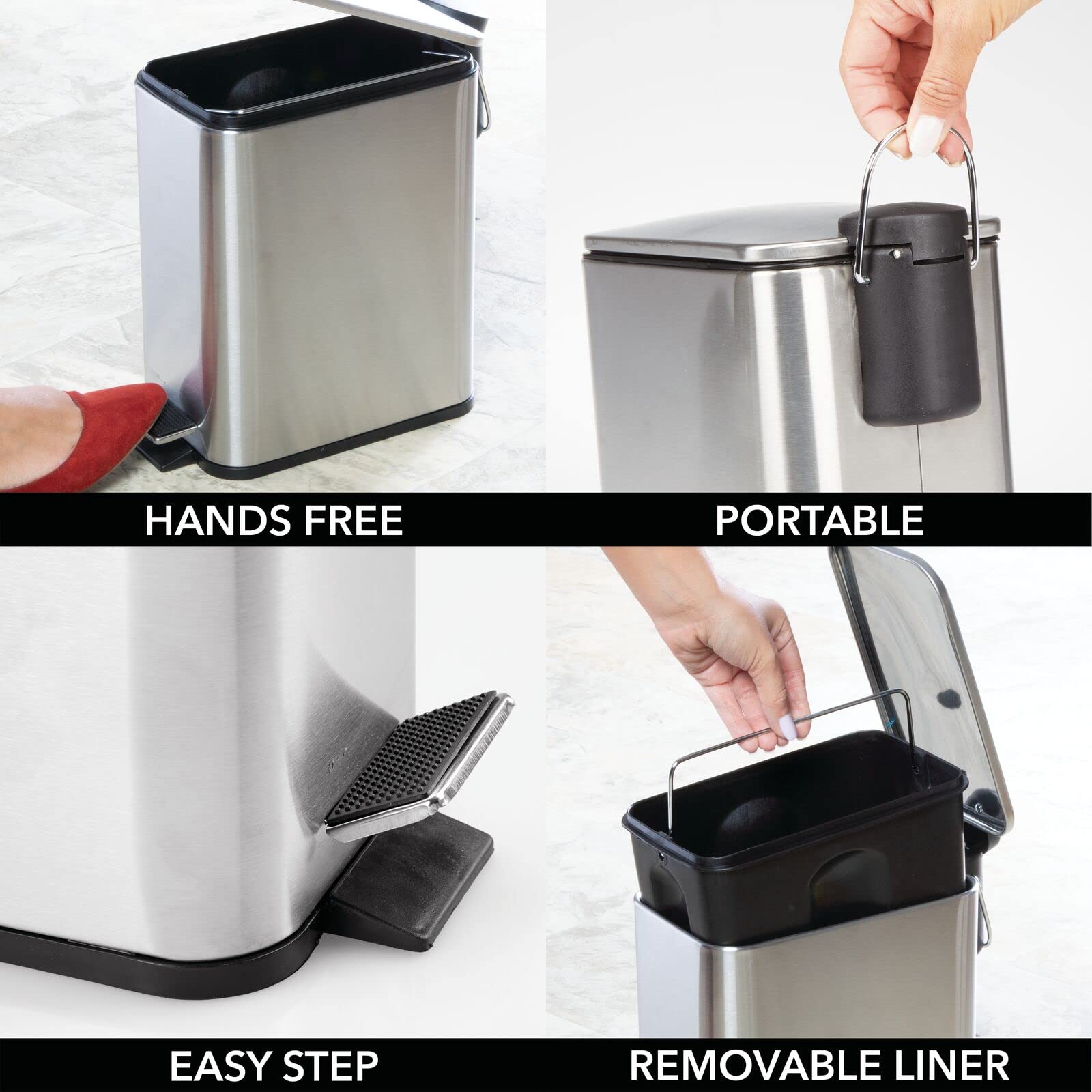mDesign trash can placed in a bathroom setting saving floor space and blending with decor