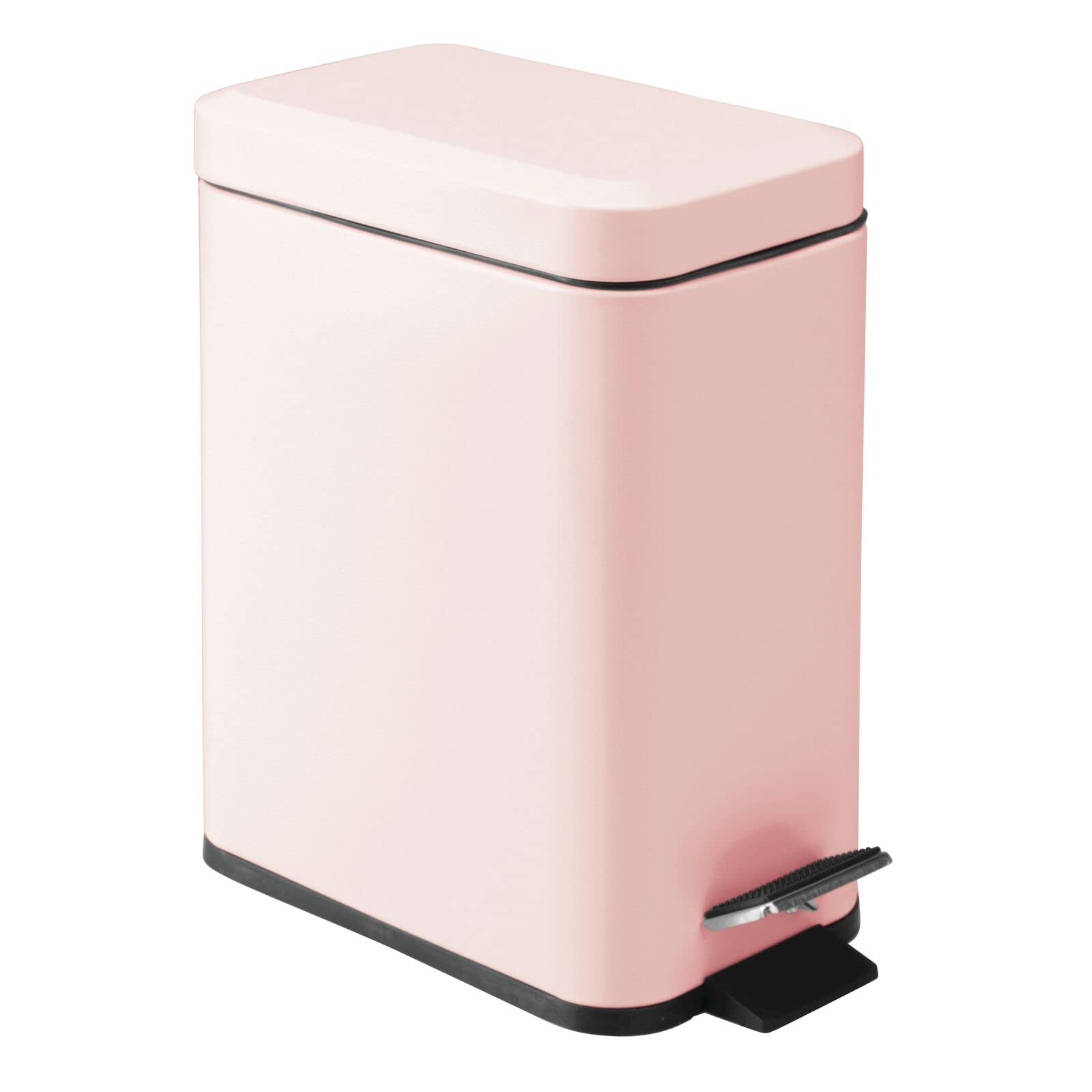 mDesign front view showing compact rectangular trash can and sealed lid benefit: discreet storage