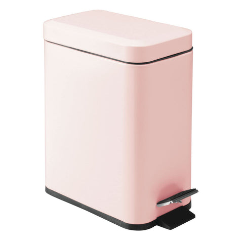 mDesign front view showing compact rectangular trash can and sealed lid benefit: discreet storage