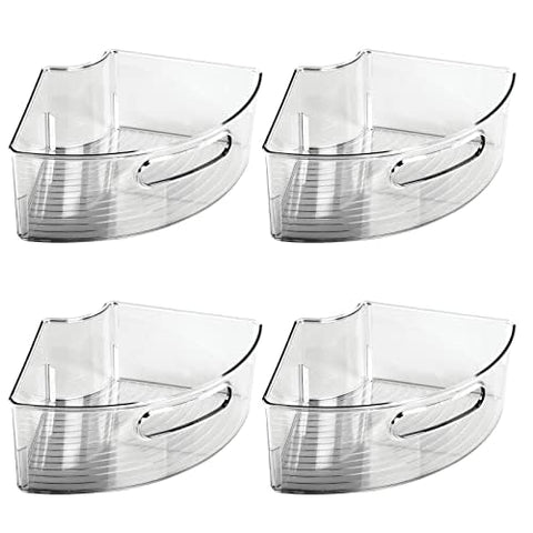 mDesign smoke gray front view showing all four bins neatly stacked and labeled for visual clarity