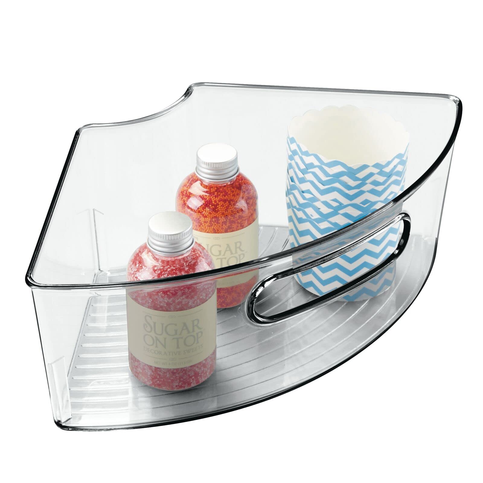 mDesign smoke gray bin placed in fridge door organizing drinks and condiments efficiently
