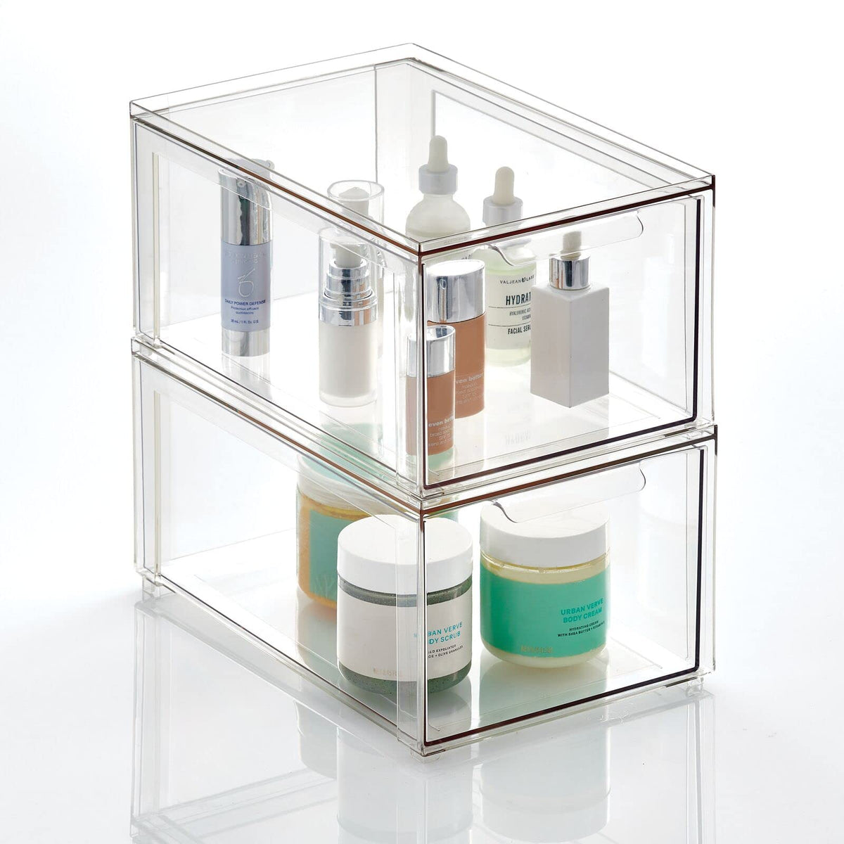 mDesign clear pull-out bin front view showing organized storage benefit