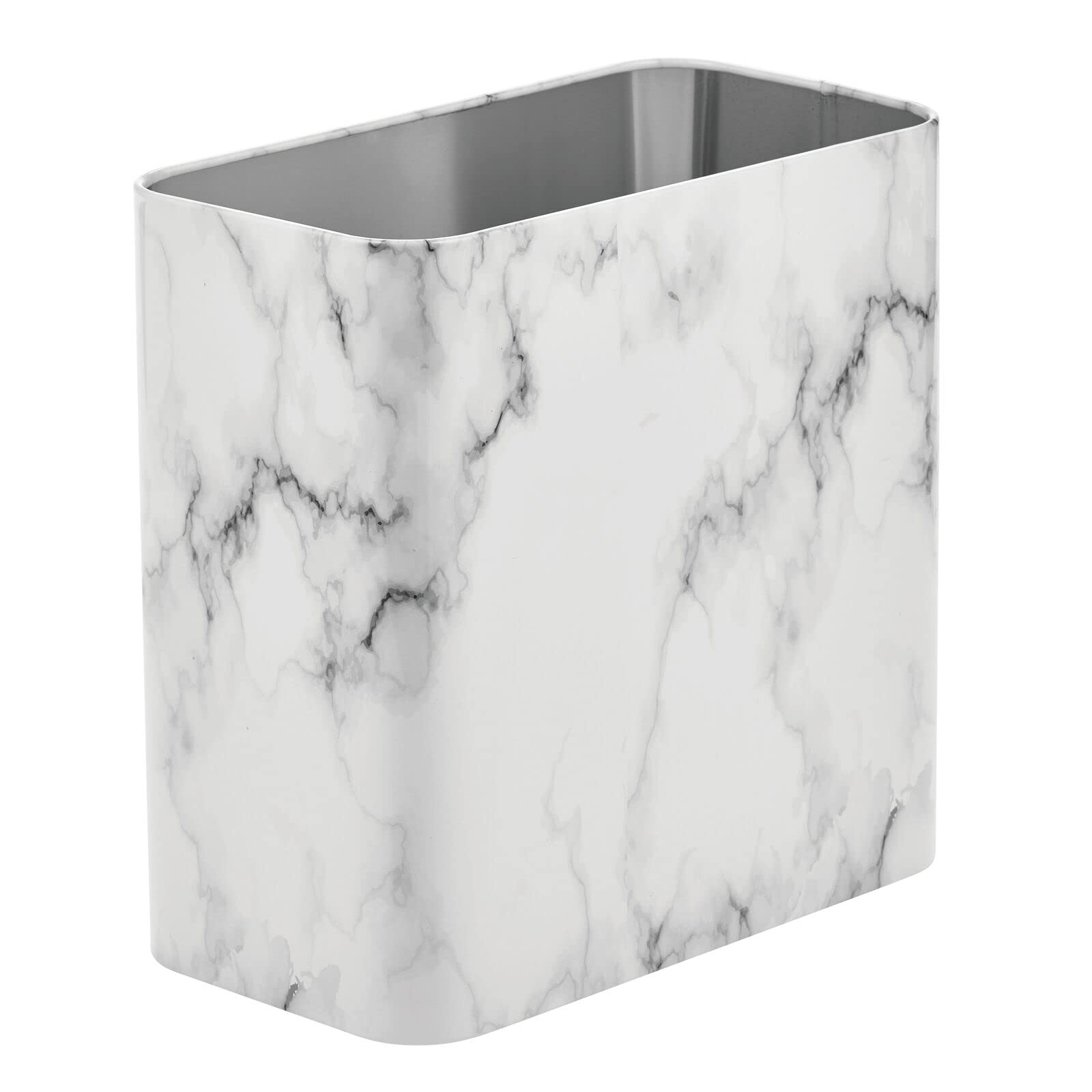 mDesign front view of marble-coloured rectangular bin showing sleek silhouette and space-saving benefit