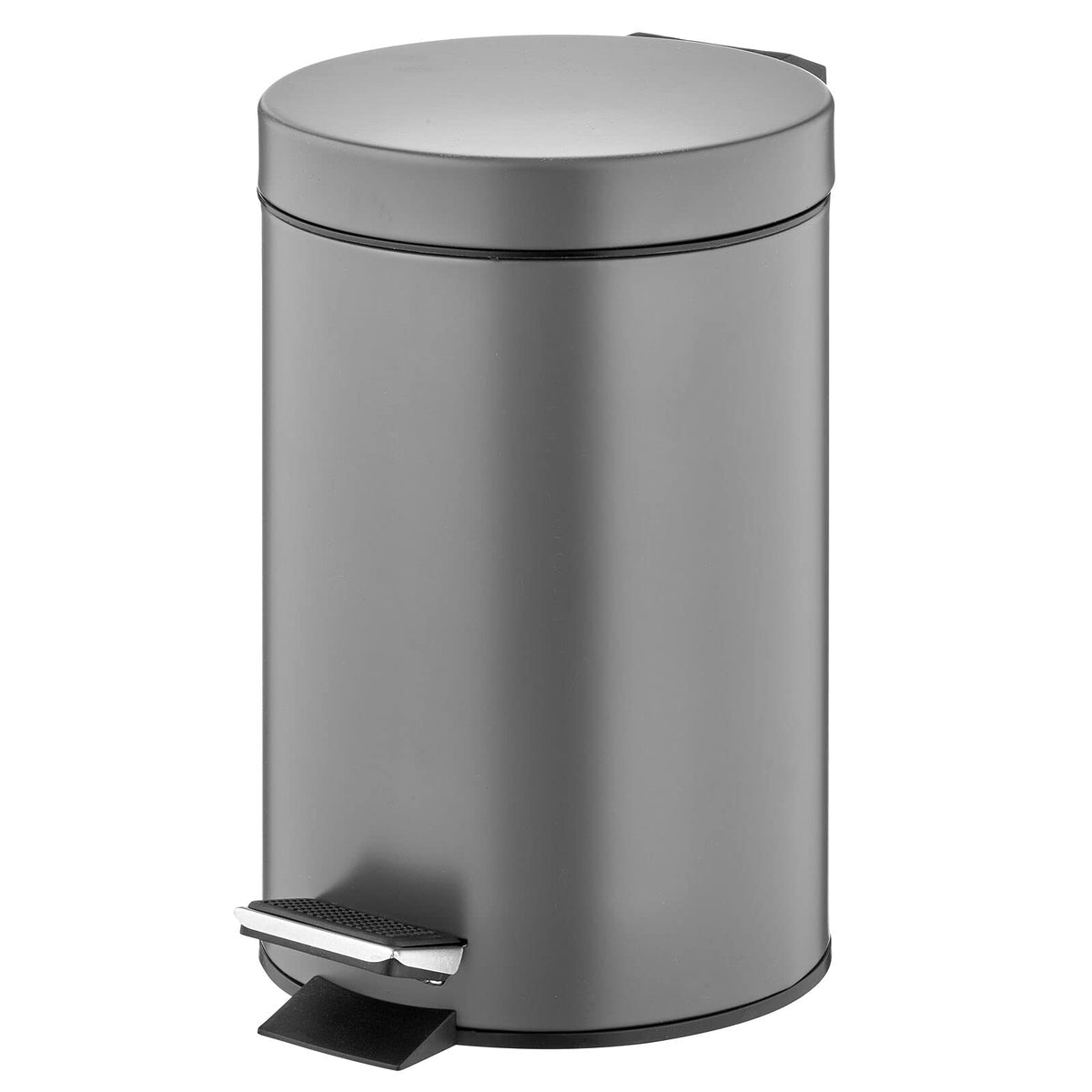 mDesign front view of graphite pedal bin showing compact profile and tidy look