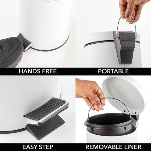 mDesign pedal bin beside a ruler for scale, compact size fits small spaces benefit
