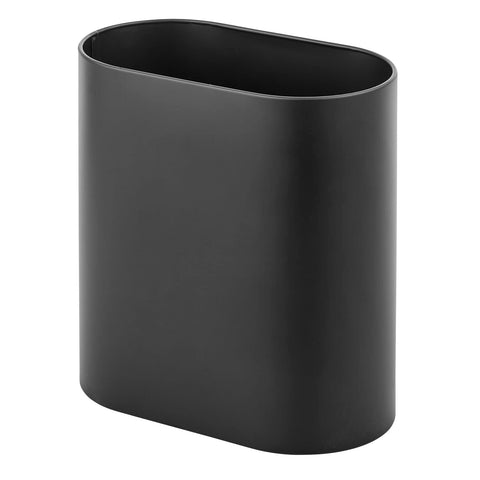 mDesign front view of black Mirri trash can showing compact style and elegant finish for small spaces