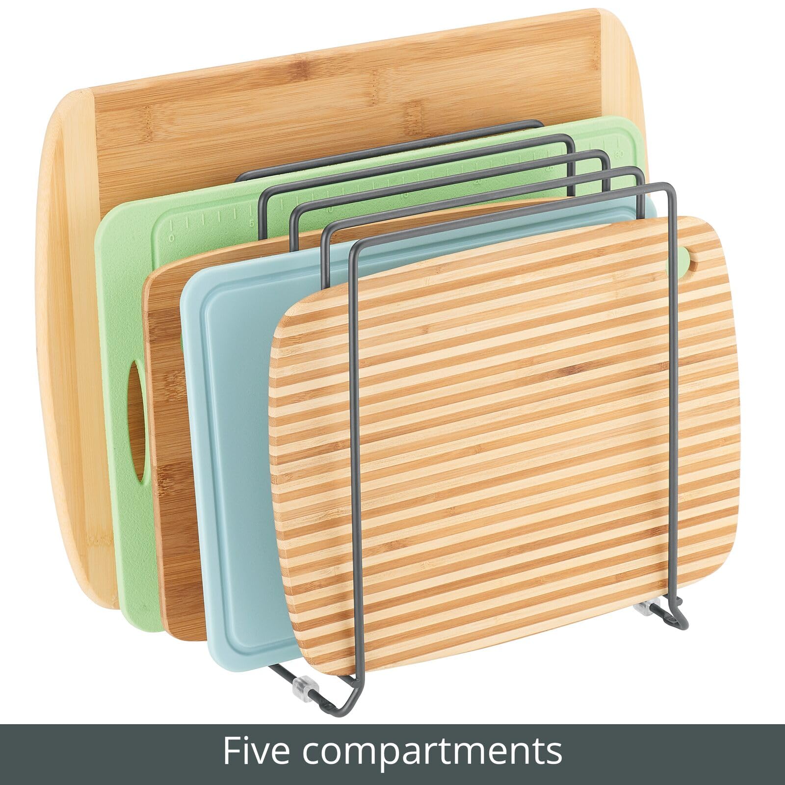 mDesign rack holding pans, lids and trays demonstrating versatile organization