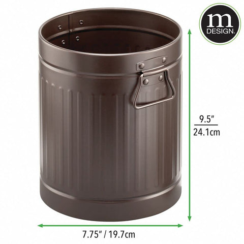 mDesign size comparison with paper towel roll showing compact 2 gallon capacity