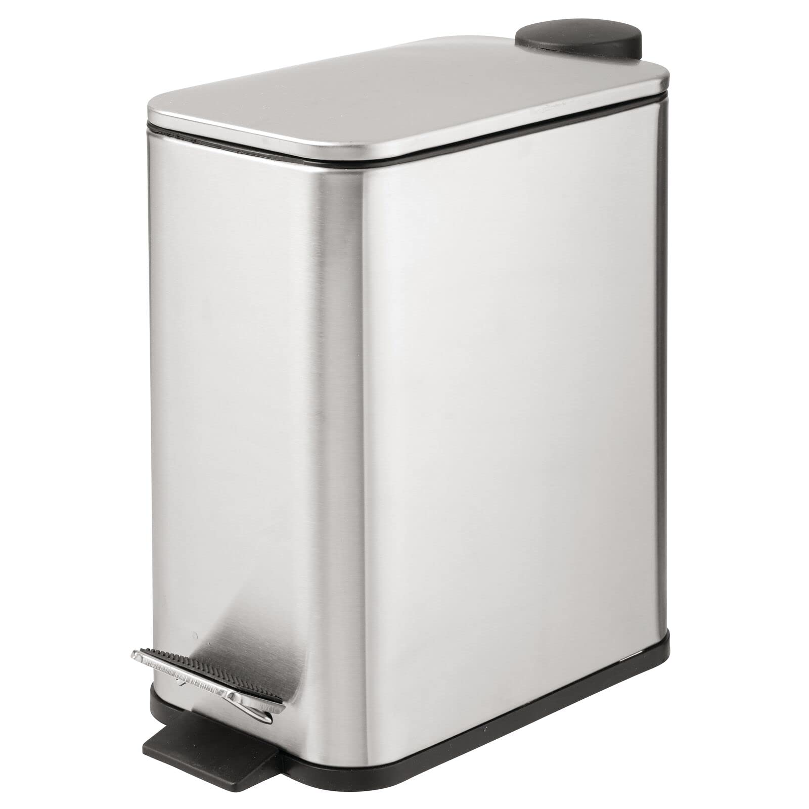 mDesign front view of slim brushed stainless steel trash can showing compact shape and modern look