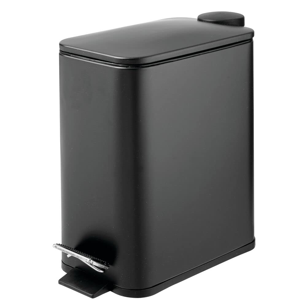 mDesign slim metal trash can front view showing compact profile and modern look