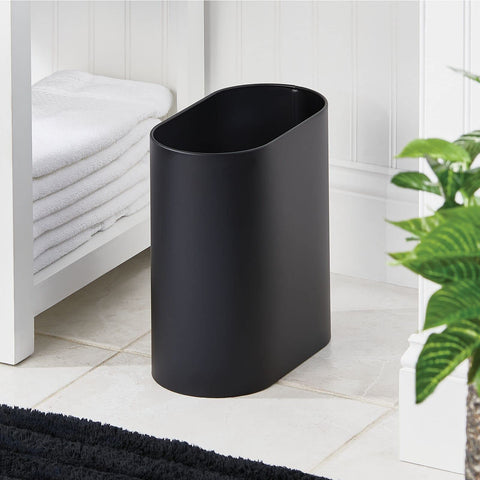 mDesign slim-profile side view highlighting narrow footprint that saves floor space and fits gaps