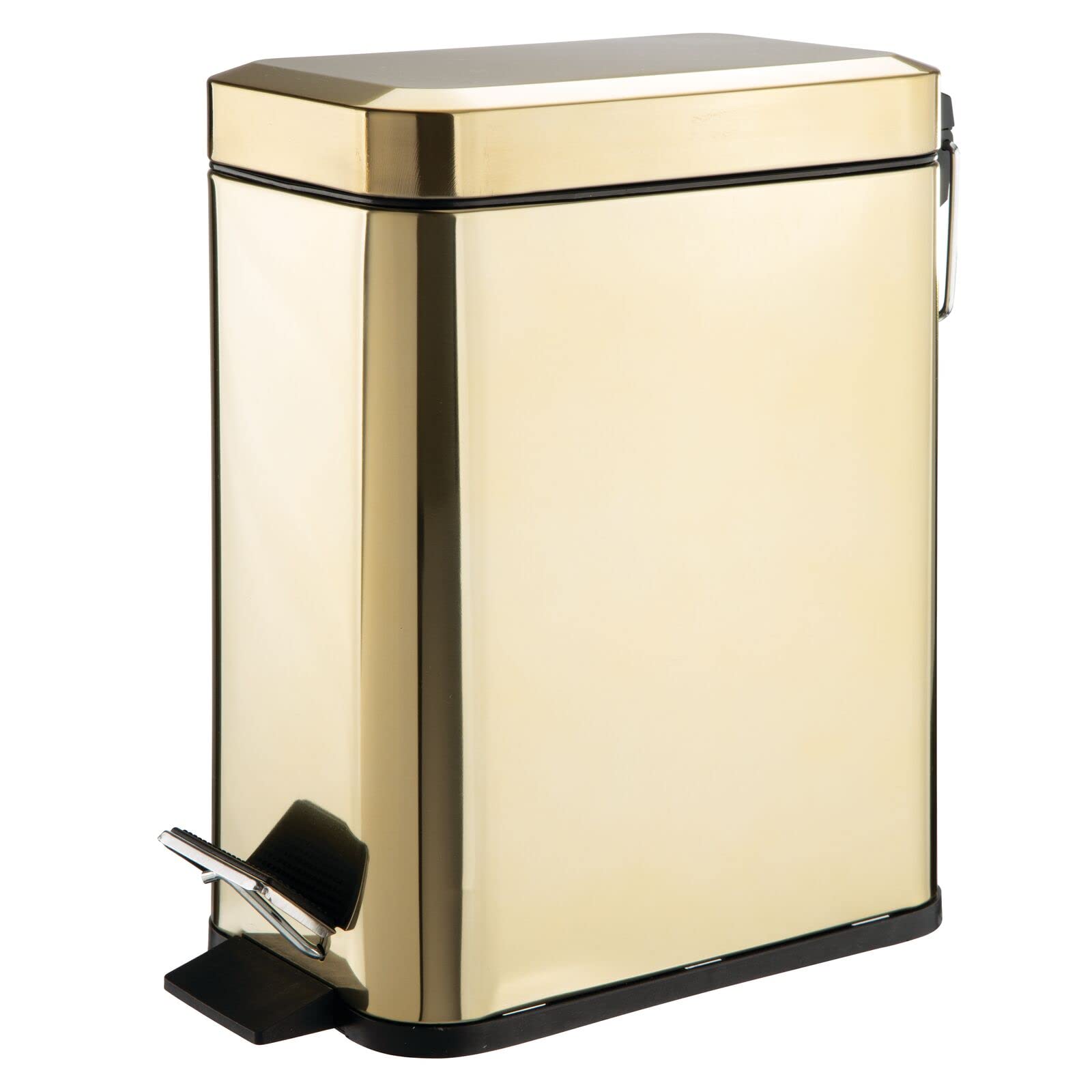 mDesign front view of soft brass trash can showing compact style and tidy appearance