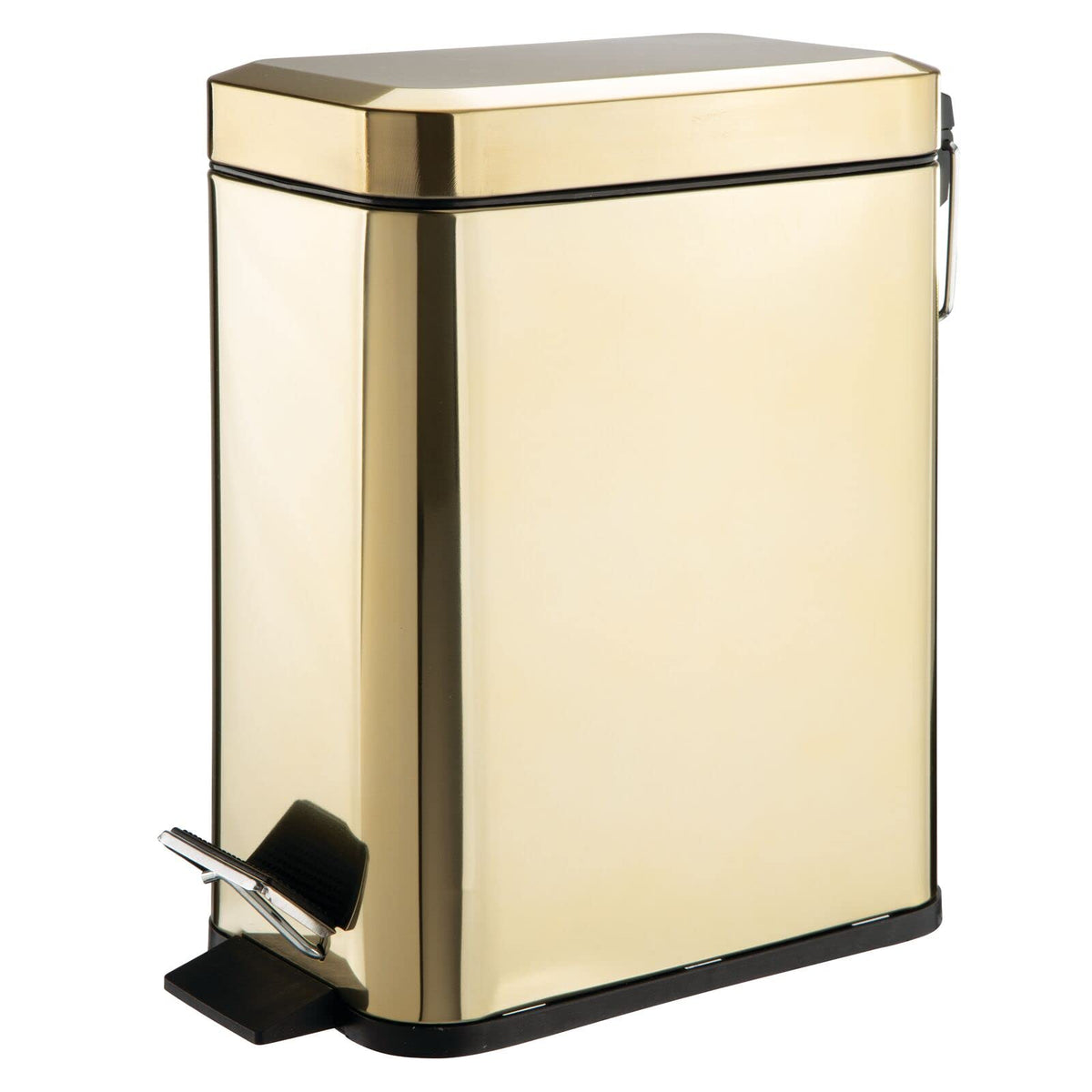 mDesign front view of soft brass trash can showing compact style and tidy appearance