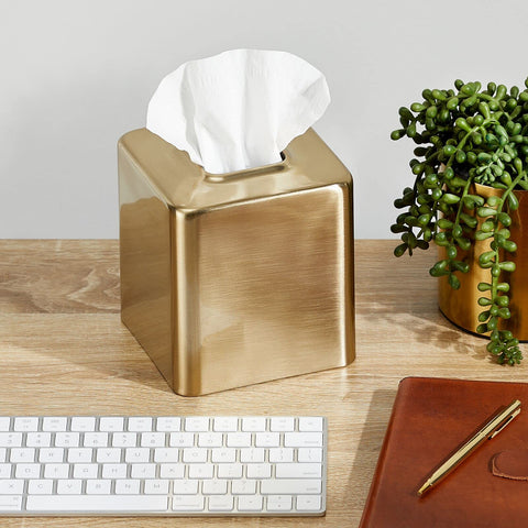 mDesign soft brass lifted to show open bottom for easy tissue box replacement