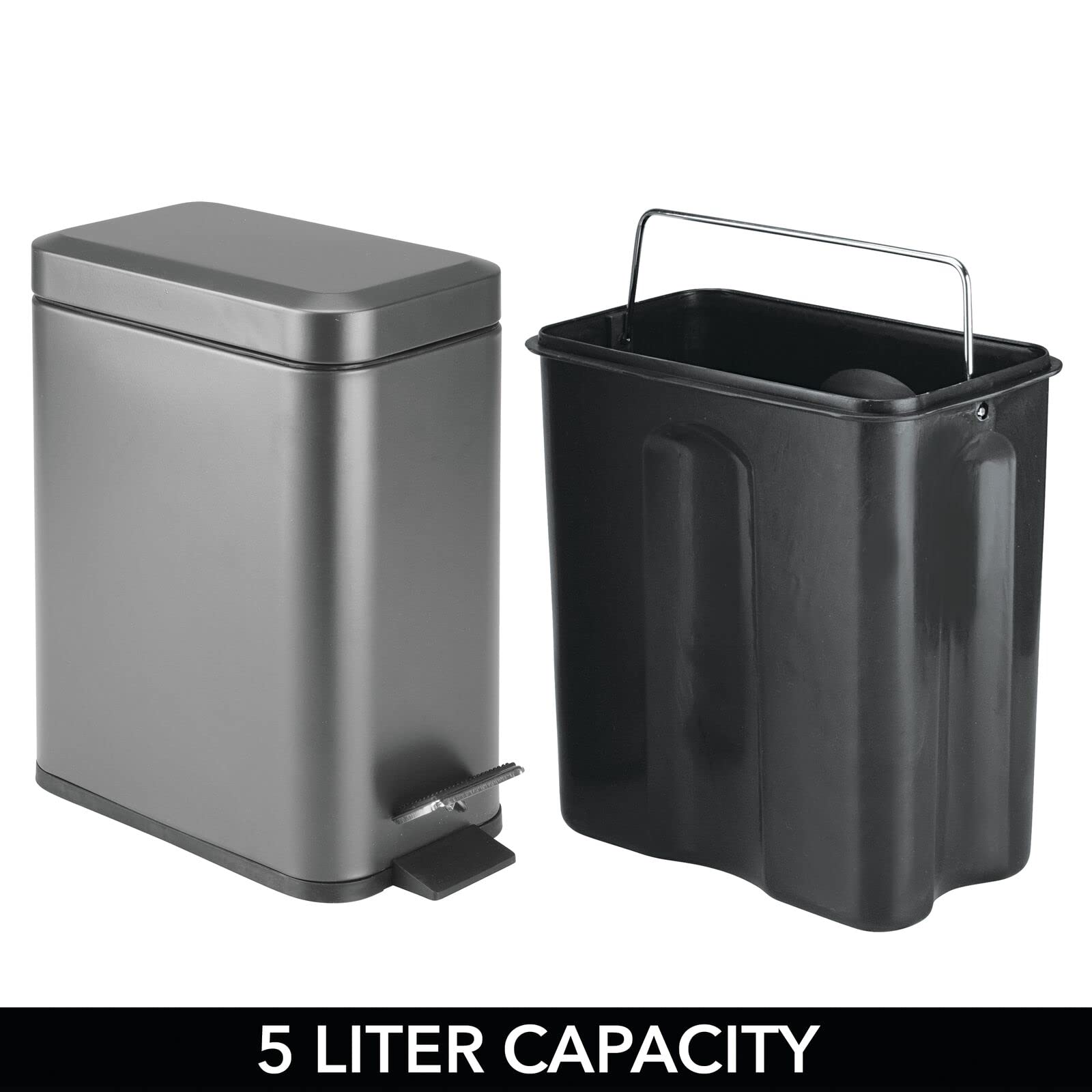 mDesign trash can by bathroom vanity illustrating compact fit and tidy look benefit