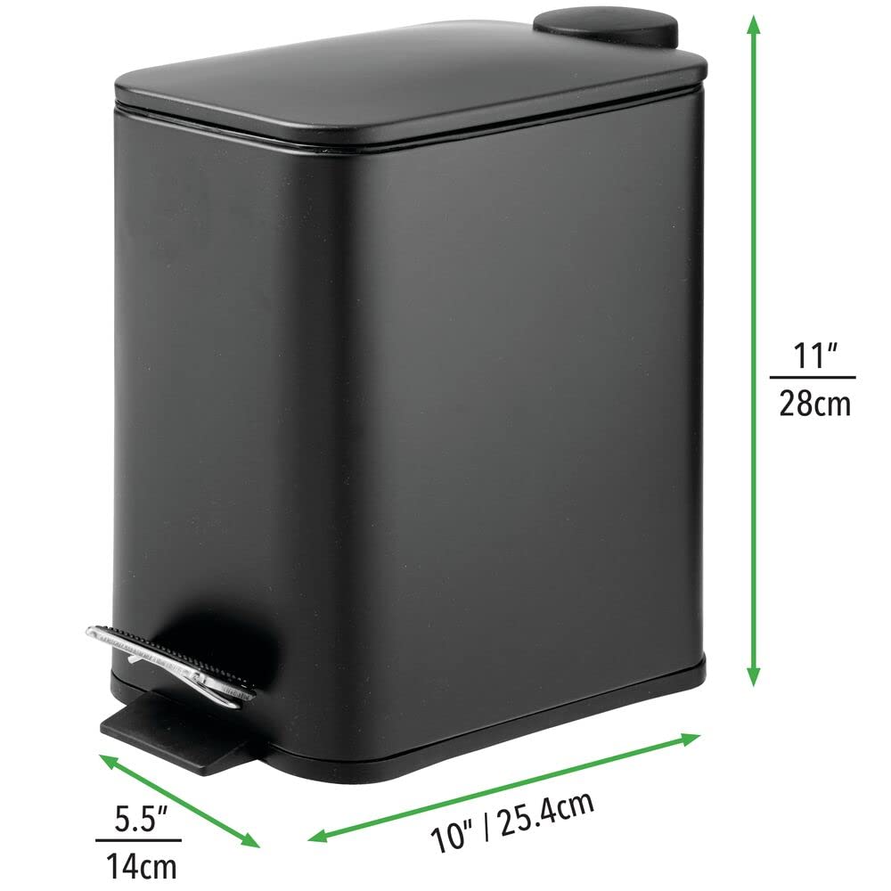 mDesign trash can next to toilet demonstrating narrow scale and space-saving fit