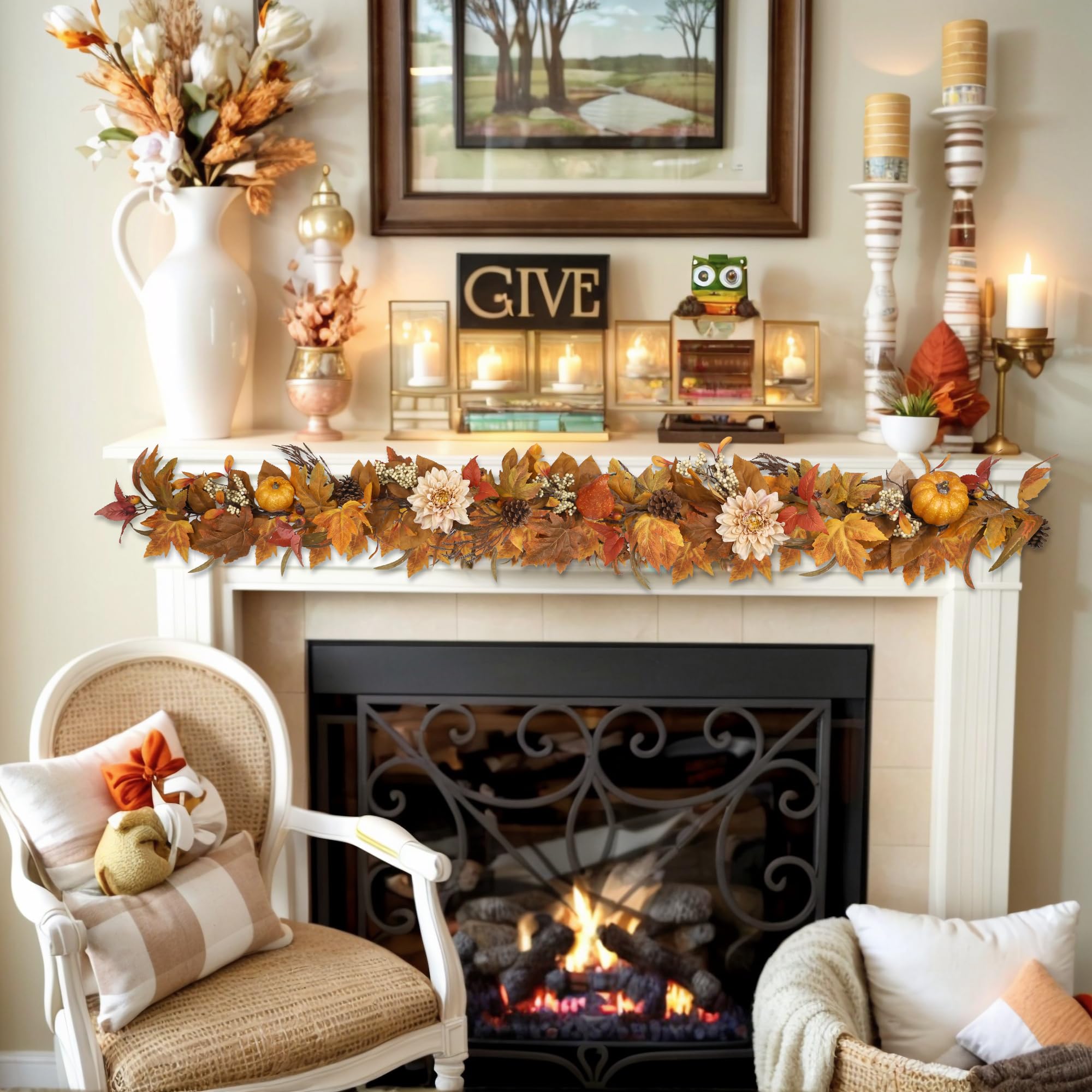 MDSTBN garland styled on a fireplace mantel creating cozy autumn ambiance