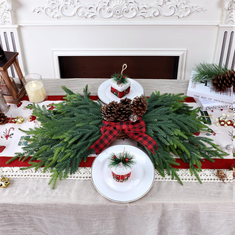 MDSTBN pine stems used in table centerpiece showing cohesive holiday ambiance