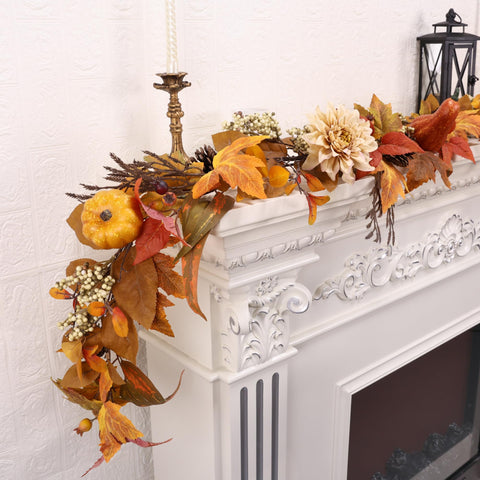 MDSTBN fall garland wrapped around staircase railing for festive porch or entry display
