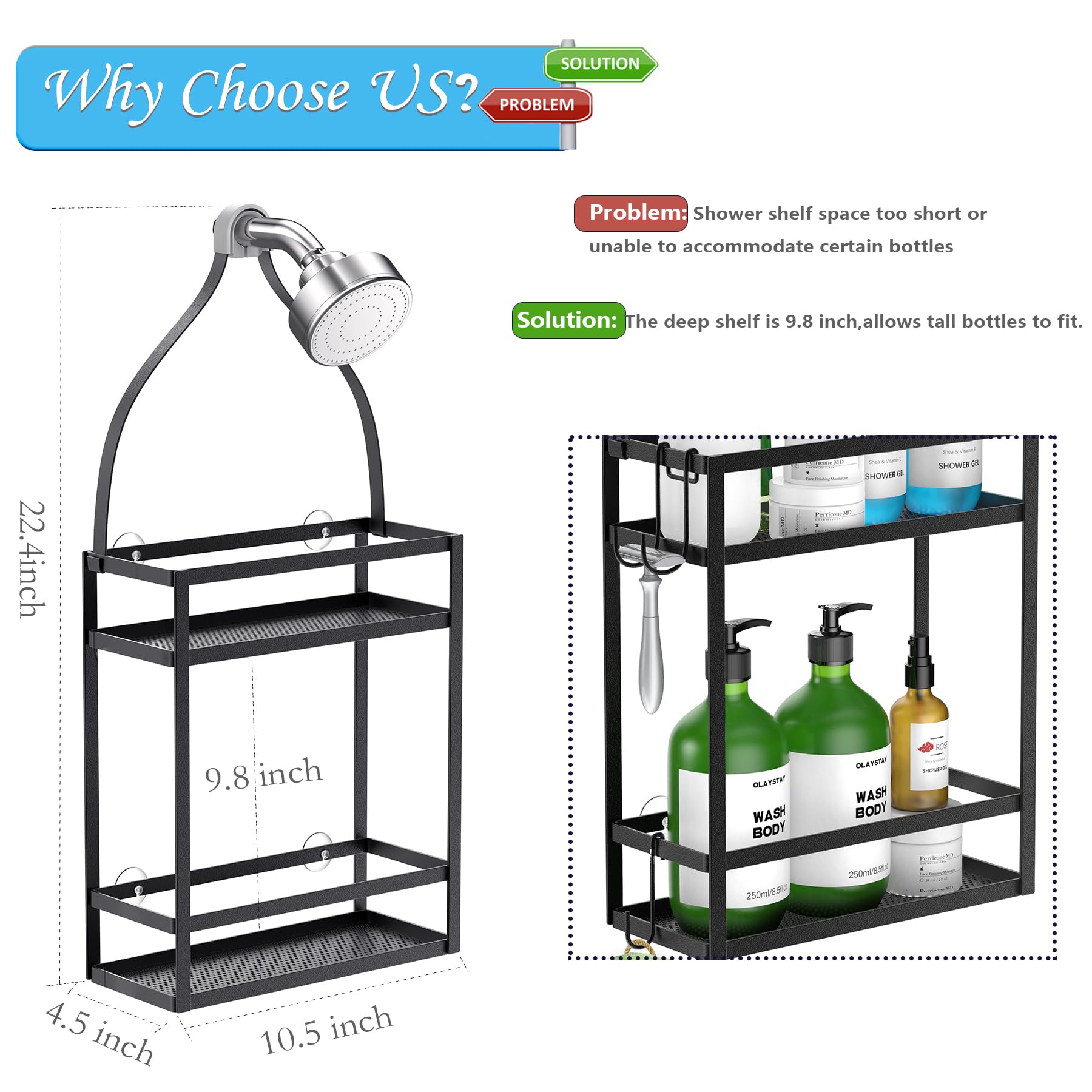 Meangood top shelf holding tall shampoo and conditioner bottles for secure storage.