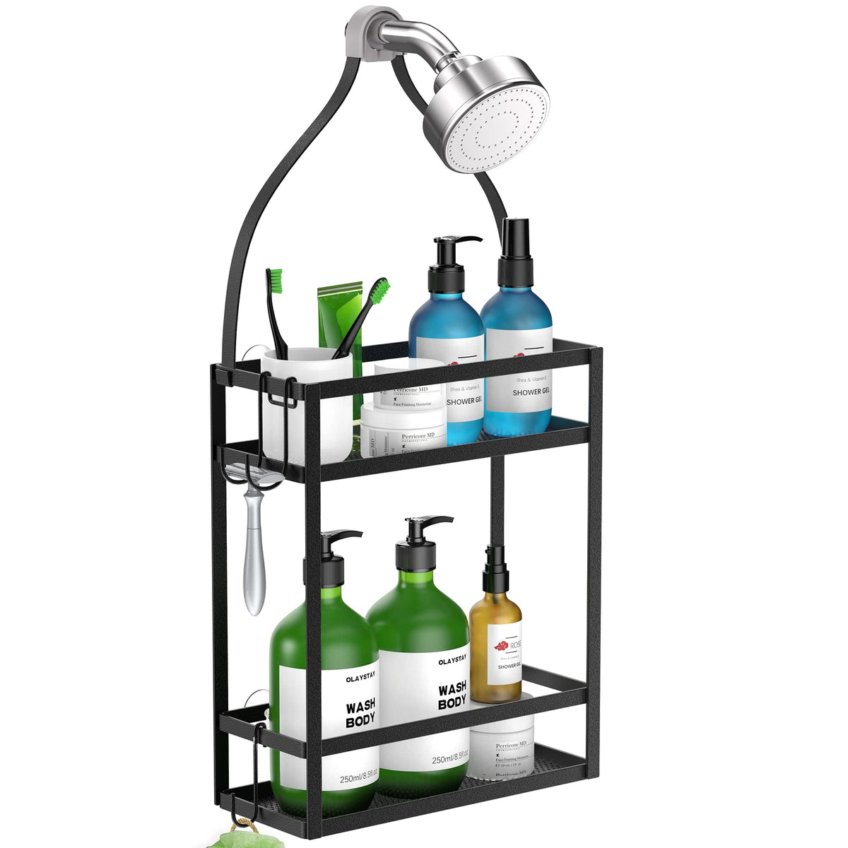 Meangood front view hung over shower head showing neat organized bottles and accessibility.
