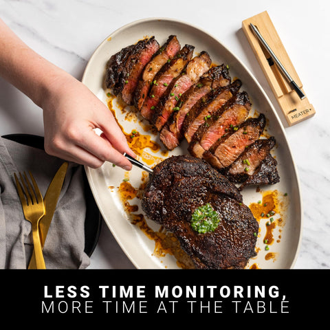 MEATER app temperature readout on smartphone paired with MEATER Plus, provides real-time guidance